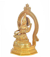 Brass Saraswati idol in profile, seated with veena, detailed halo arch