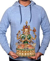 Tara Devi brass idol held in hands, seated with four arms, green sari on gold base