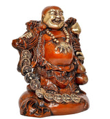 Laughing Buddha figurine brass-tone with orange robe, front view with coin belt