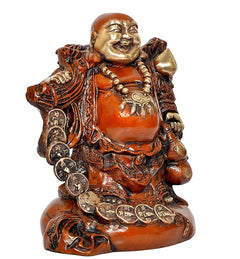 Laughing Buddha figurine brass-tone with orange robe, front view with coin belt