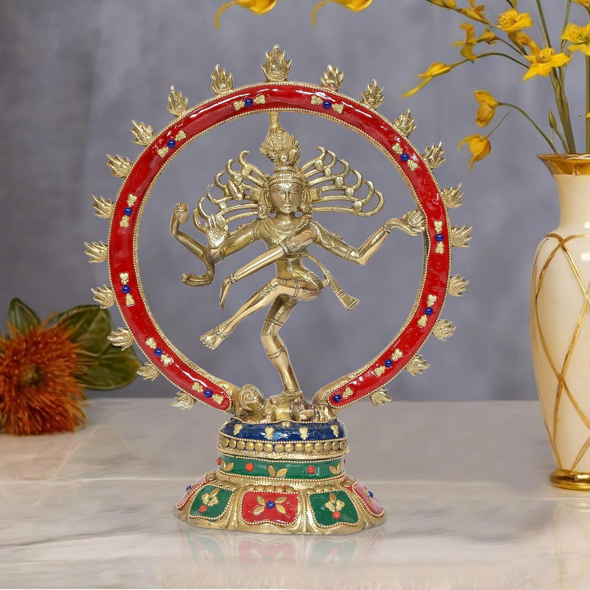 Brass Lord Shiva Nataraj showpiece with red jeweled halo and blue base, 12 in