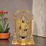 Brass Venkateshwara idol, ornate arch over seated figure, dark finish, 8.5 in