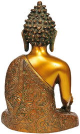 Buddha idol statue back view, gold brass, beaded crown and engraved robe