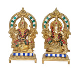 AONA brass Lakshmi-Ganesh idol set, Ganesha and Lakshmi with jeweled garlands