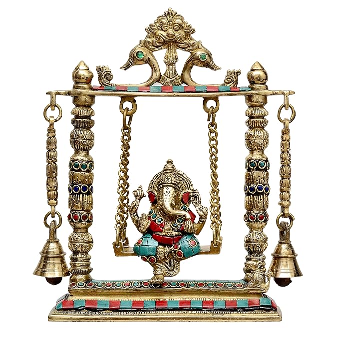 Brass Ganesha playing on swing statue, arched frame with bells and colorful enamel details