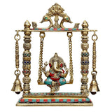 Brass Ganesha playing on swing statue, arched frame with bells and colorful enamel details