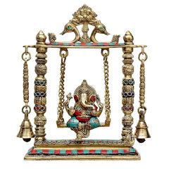 Brass Ganesha playing on swing statue, arched frame with bells and colorful enamel details
