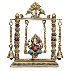 Ganesha Playing On Swing Brass Statue Height 10 Inches