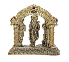 Brass Ram Darbar idol in arched frame, centered Hanuman with Sita and Lakshman