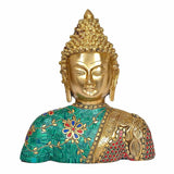 Brass Buddha head sculpture with teal and red mosaic robe, 11 in tall