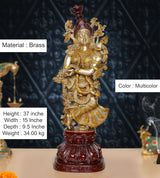 Brass Radha Rani murti, 37 in height, multicolor gold accents on dark red base