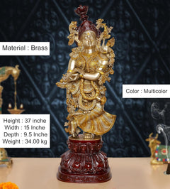 Brass Radha Rani murti, 37 in height, multicolor gold accents on dark red base