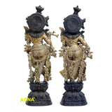 Back view brass Radha Krishna statue, circular halo and ornate detailing
