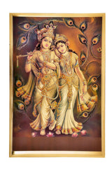 Gold-foil Radha Krishna wall poster, two figures in cream and gold attire, peacock accents
