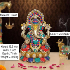 Brass Ganesha statue front view, multicolor beadwork on lotus base
