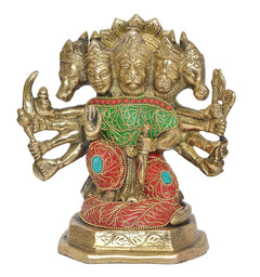 AONA Panchmukhi Hanuman statue, golden multi-faced head, red and green decorative dress