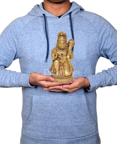 Small brass Hanuman JI sitting statue idol held in hands, 6 inch size