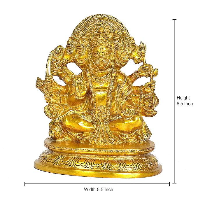 Brass Panchmukhi Hanuman Idol Figurine Home Office Temple Best Gift Item Golden Height 6.5 Inches