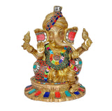 Ganesh idol with pagdi turban, raised arms, multicolor jewel ornaments, gold finish, 9.5 in