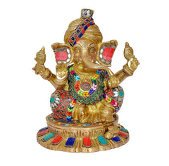Ganesh idol with pagdi turban, raised arms, multicolor jewel ornaments, gold finish, 9.5 in
