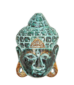 Teal Buddha mask wall hanging with golden lotus forehead panel and carved facial features