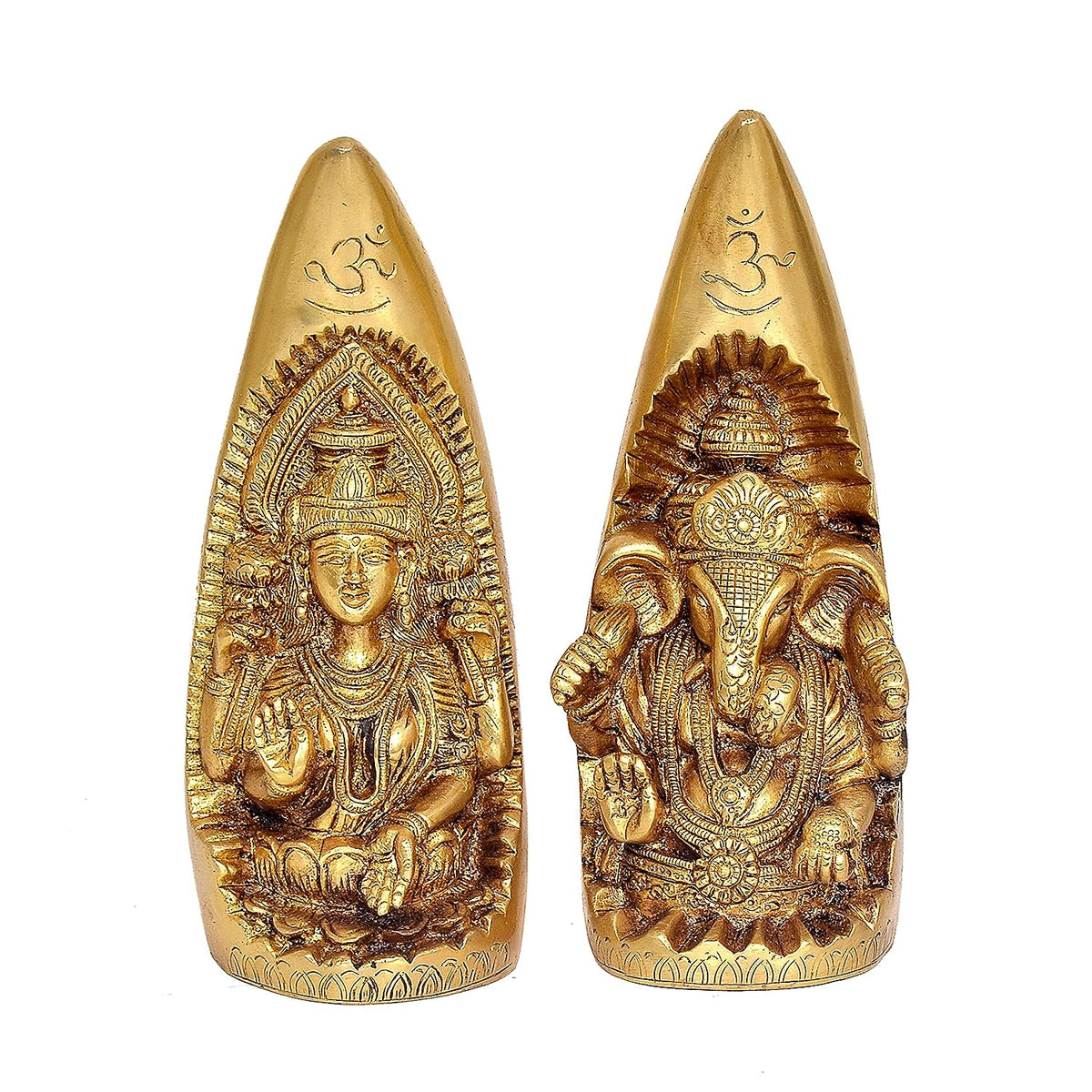 Brass Ganesh and Lakshmi sculpture, two conical forms with seated deities and Om