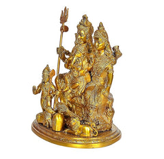 Brass Shiv Parivar family idol, side view with trident and seated child figures