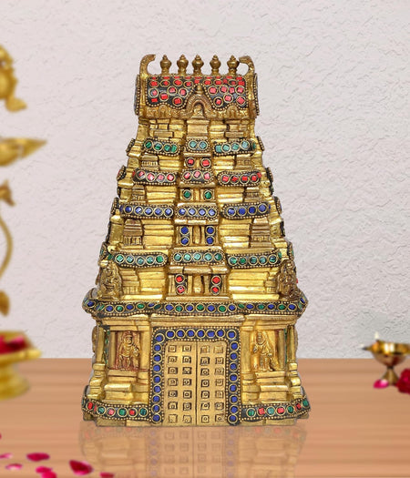 Multicolor Brass Meenakshi Temple Replica from South India – Decorative Showpiece for Home & Office (Height: 9.5 Inches)