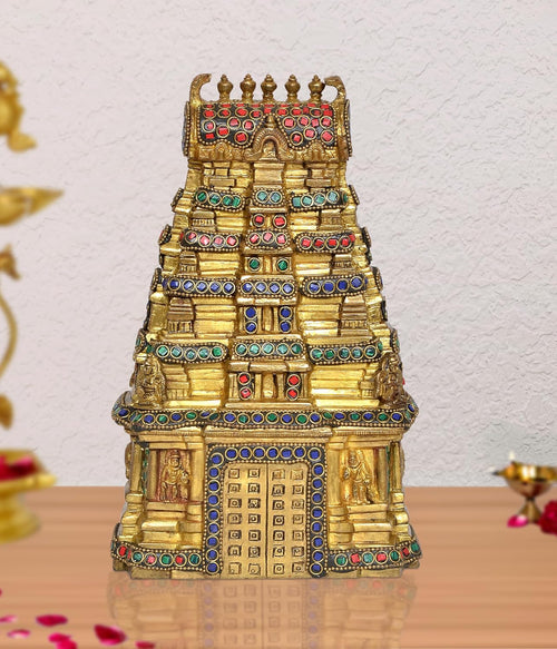 Multicolor Brass Meenakshi Temple Replica from South India – Decorative Showpiece for Home & Office (Height: 9.5 Inches)