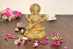 Brass Goddess Saraswati Idol Maa Saraswati Religious Statue Height 7.2 Inch