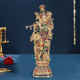 Brass Krishna murti standing, multicolor details and garlands, flute in hand, 30 in
