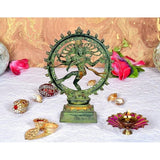 Nataraja Shiva idol sculpture with circular halo, multicolour green and gold finish