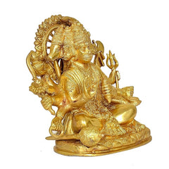 Brass Panchmukhi Hanuman idol, angled view showing multiple faces and staff
