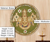Brass Tirupati Balaji wall plate, multicolor beaded deity artwork on green background