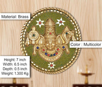 Brass Tirupati Balaji wall plate, multicolor beaded deity artwork on green background