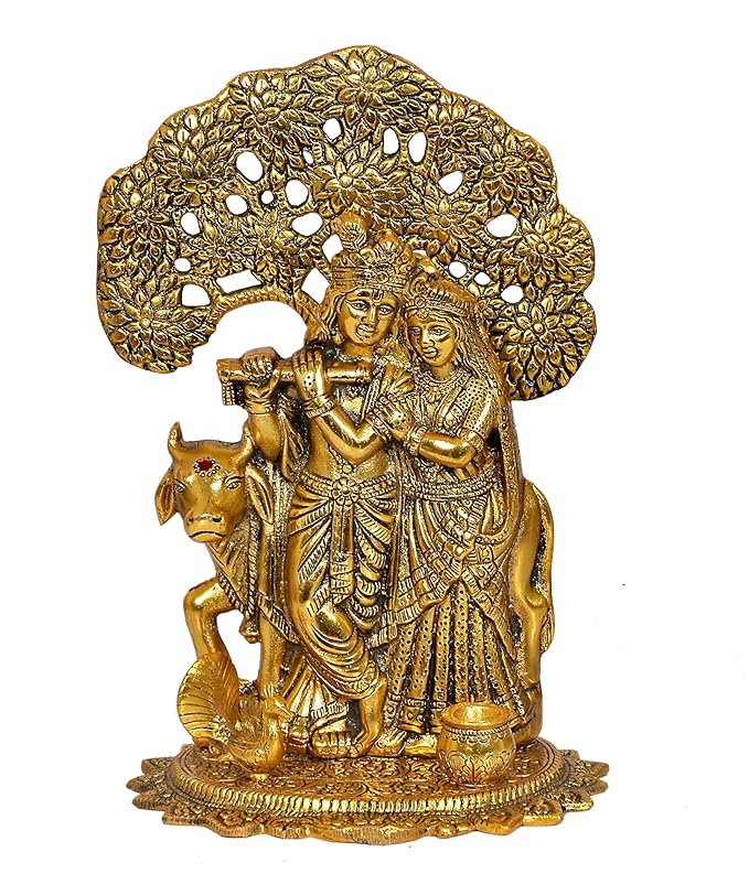 Metal Radha Krishna Golden Idol for Home Decor Height 13" Inch Craft Detail