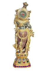 Brass Radha Rani sculpture rear/side view with circular back halo and ornate frame