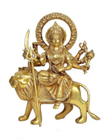 Messingfigur der Göttin Maa Durga auf Löwe, frontale Ansicht, 12 Zoll