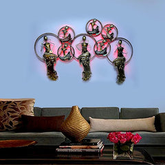 Iron wall art musicians with LED halo frames, pink-lit circles and gold figures
