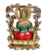 Back view of brass Lakshmi idol on lotus with multicolour mosaic, elephants and arch