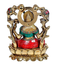 Back view of brass Lakshmi idol on lotus with multicolour mosaic, elephants and arch