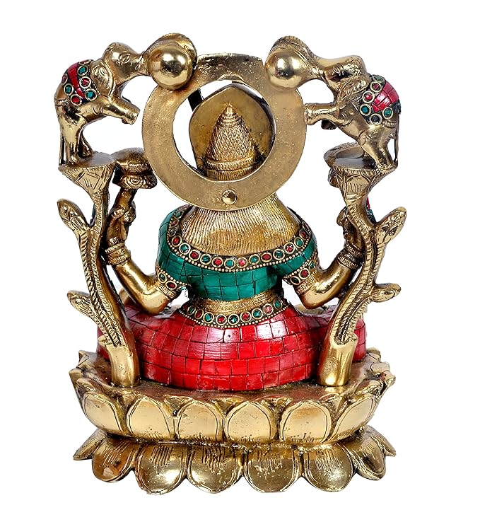 Brass Goddess Lakshmi Sitting On Lotus Idol Statue for Pooja Office Prosperity Wealth Home Warming Showpiece Multicolour Height 11.5 Inches