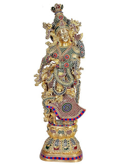 Brass Radha Rani sculpture with jeweled details, standing figure and ornate crown