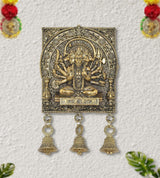 Bronze Hanuman wall idol panel with ornate arches and three bell charms hanging below
