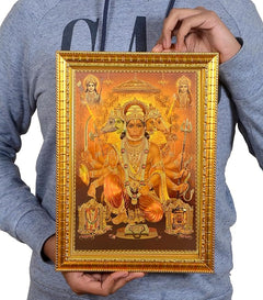 PanchMukhi Hanuman wall framed print held up, ornate golden border visible