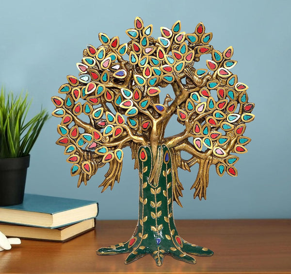 Brass Kalpavriksha Tree Table Standing with Stonework for Home Decor and Ofice Teble Decor Figurine (Height: 10 inch) Mandir Setting