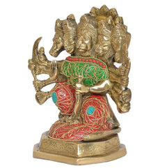 Panchmukhi Hanuman idol from side view, gold finish with red and green painted clothing