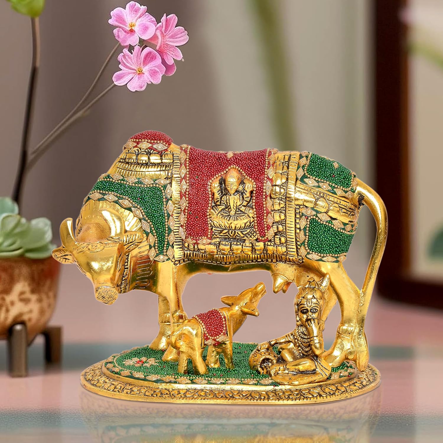 Metal Kamdhenu Cow with Calf and Bal Krishna (Height: 6.5 Inch)