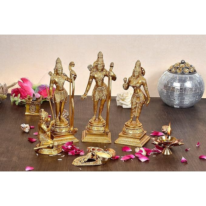 Brass Shri Ram Darbar idol, 8 inch; four detailed figures with staffs on base