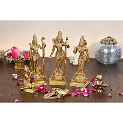 Brass Shri Ram Darbar idol, 8 inch; four detailed figures with staffs on base